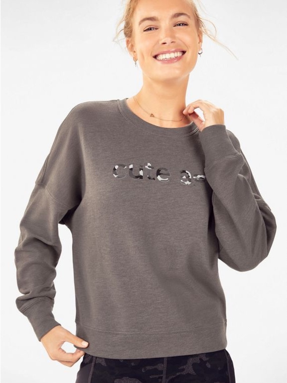 Fabletics Olive Gray 'cute as' Crewneck Sweatshirt